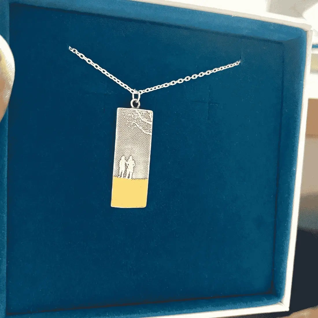 Beach Memories Soulmates Necklace, with 22ct gold vermeil beach finish packaged inside a blue and white box.