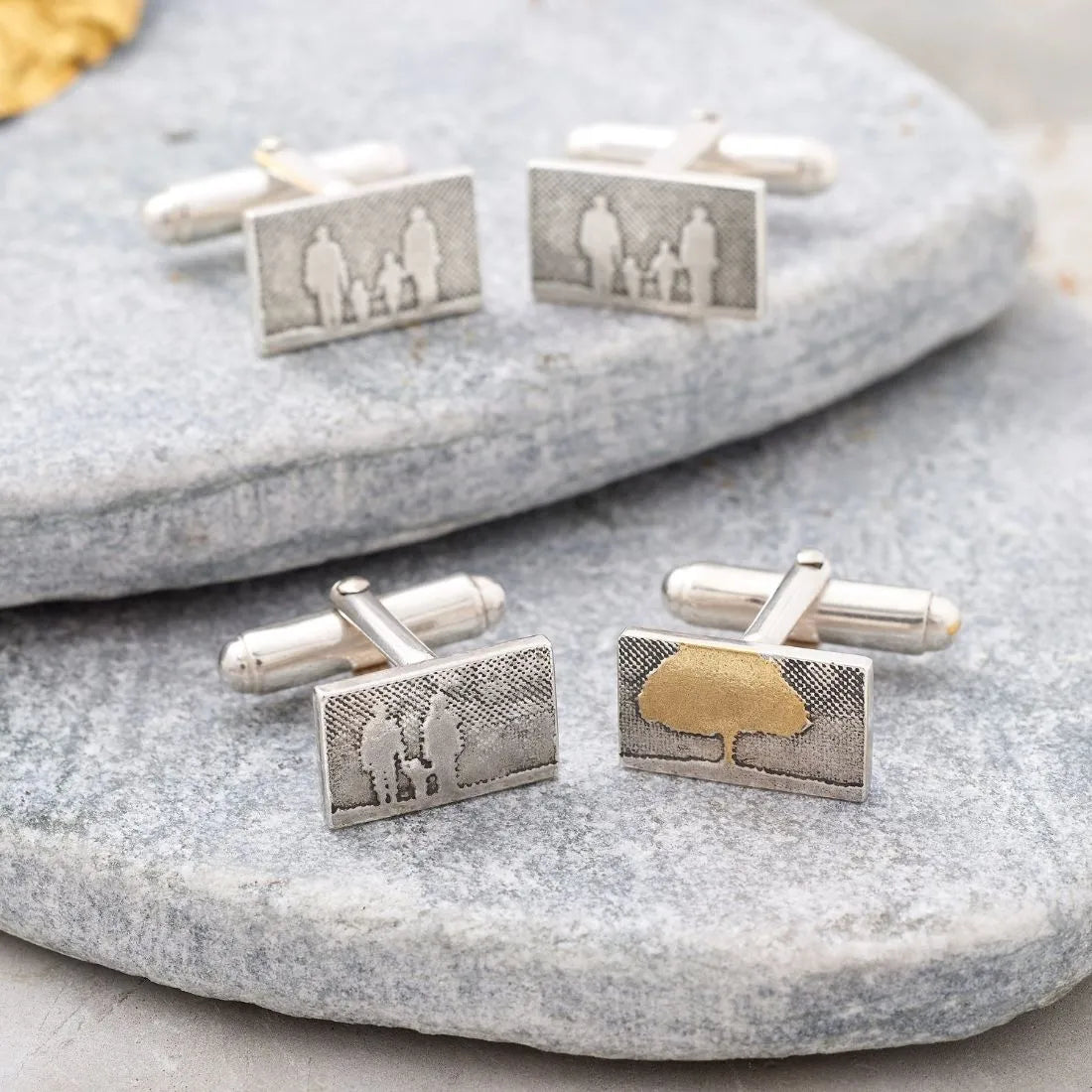 Flat lat of dads family cufflinks with family of three and golden tree option or family of four matching set.