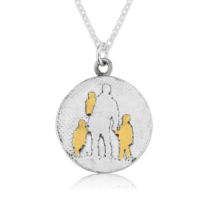 Father of Three Dad Necklace with golden children in sterling silver.