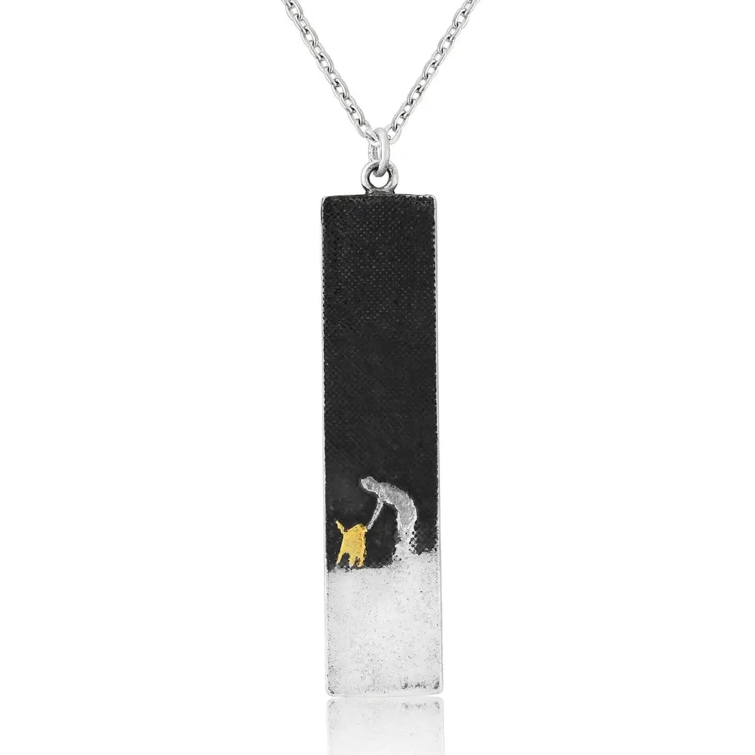 Large Gold Dog Lovers Night Sky Necklace featuring a rectangular sterling silver pendant with an etched owner and dog beneath an oxidised night sky, with the dog highlighted in 22ct gold vermeil.