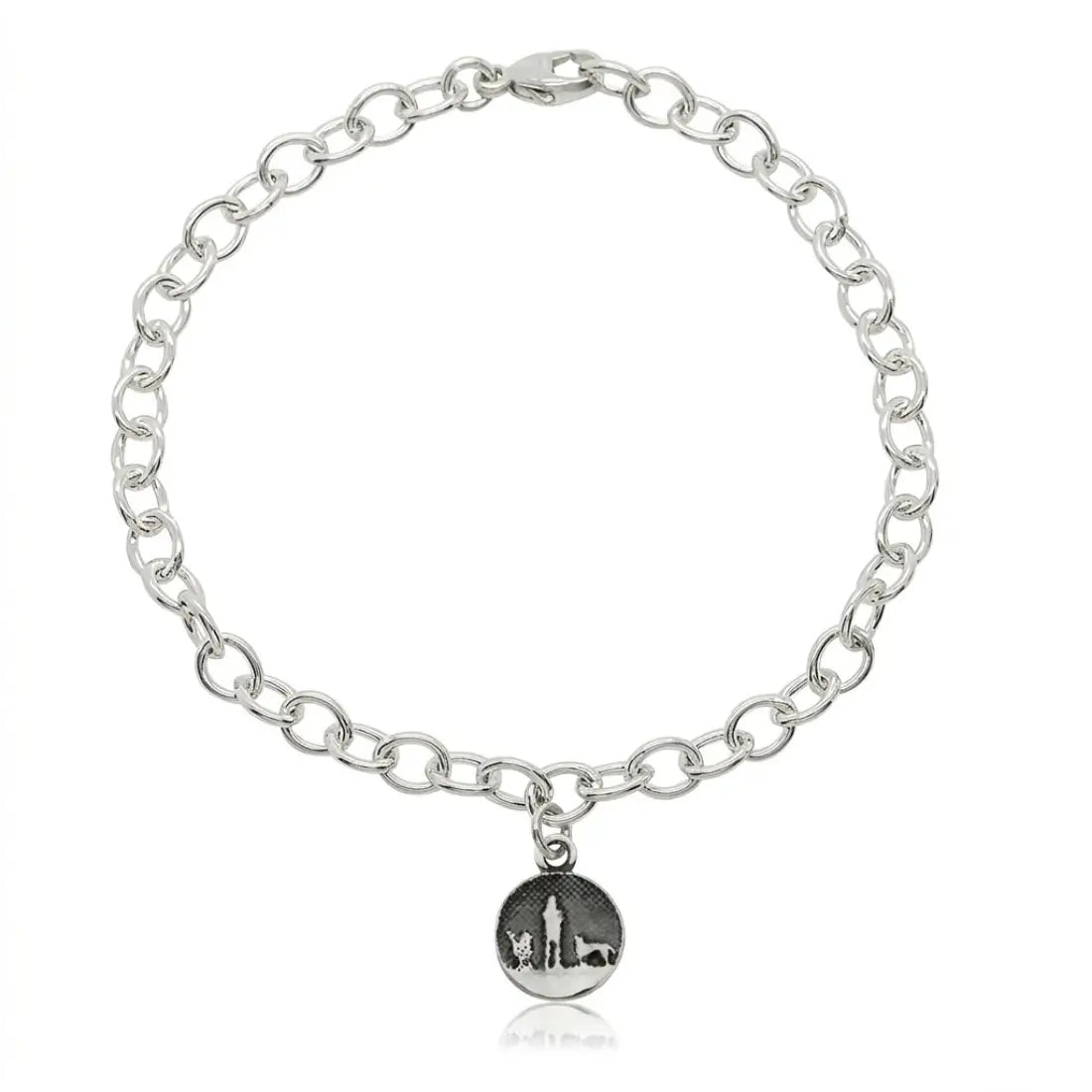Sterling silver bracelet with a moonlit night sky charm featuring an owner walking with two dogs in silhouette.