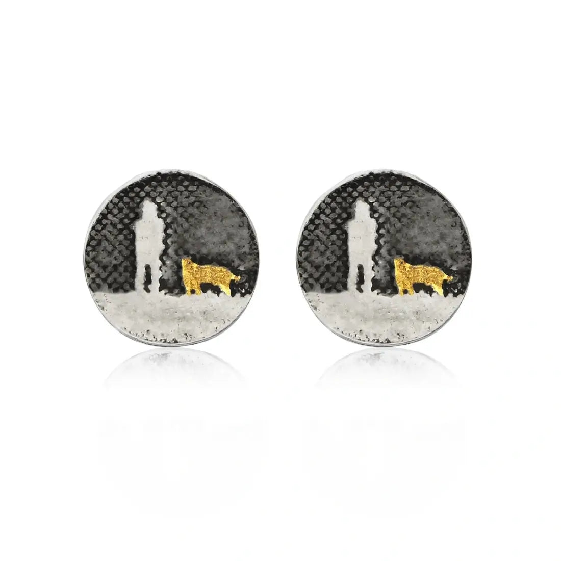 Gold‑detail dog stud earrings etched with an owner and their dog walking under the night sky.