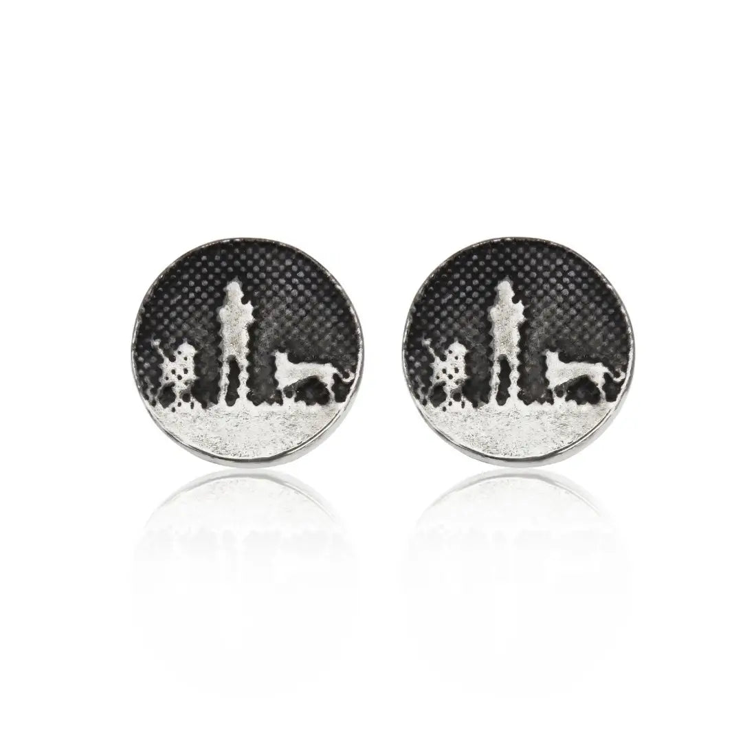 Night’s sky stud earrings featuring an owner walking with two silver‑etched dogs.