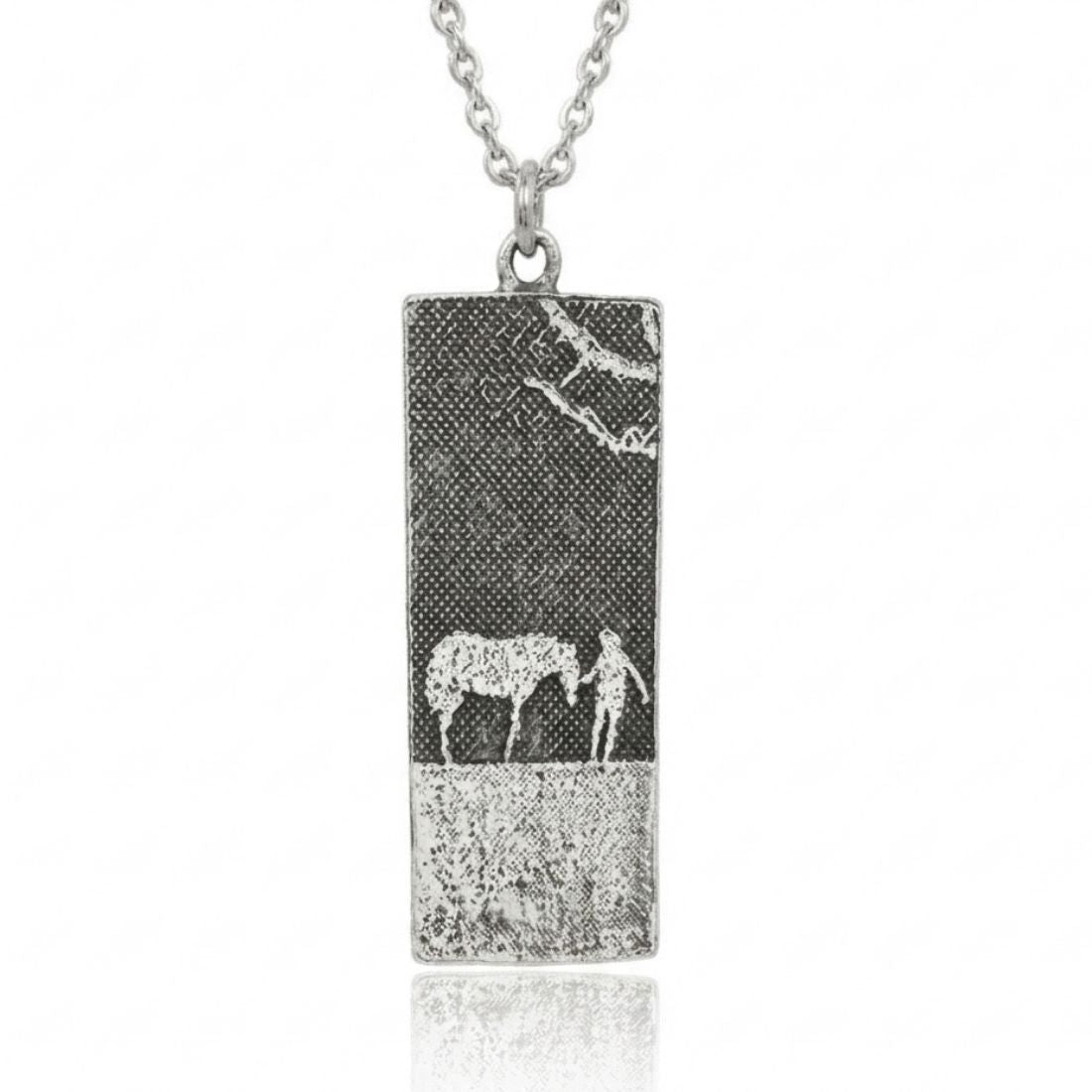 Sterling silver horse lovers necklace with oxidised silver nights sky finish with polished silver horse and owner.