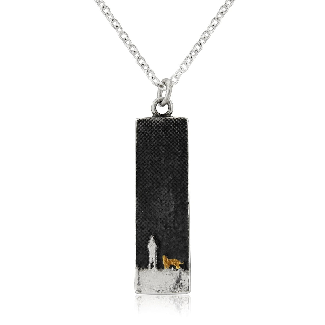 Small sterling silver dog necklace showing an owner walking with their dog under the moonlit sky with a gold‑vermeil dog detail.