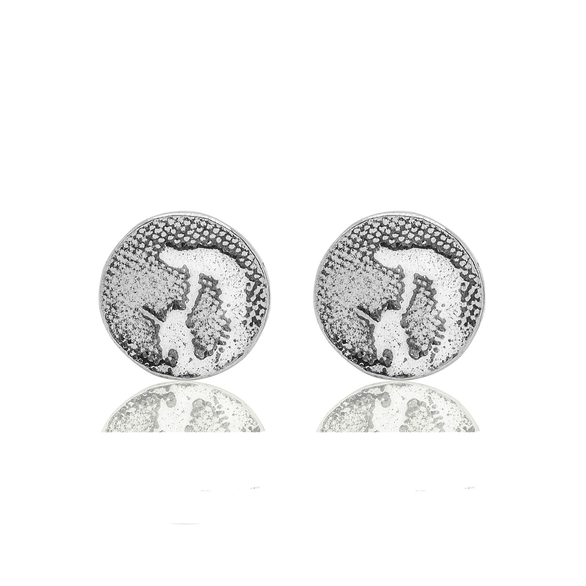 Round sterling silver stud earrings etched with an owner leaning down to gently pet their dog.
