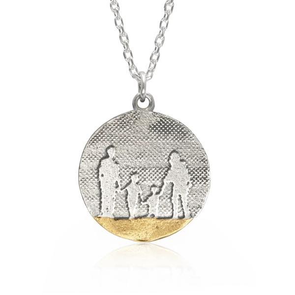 Beach Memories Family Necklace showing a family of four walking on golden sand.