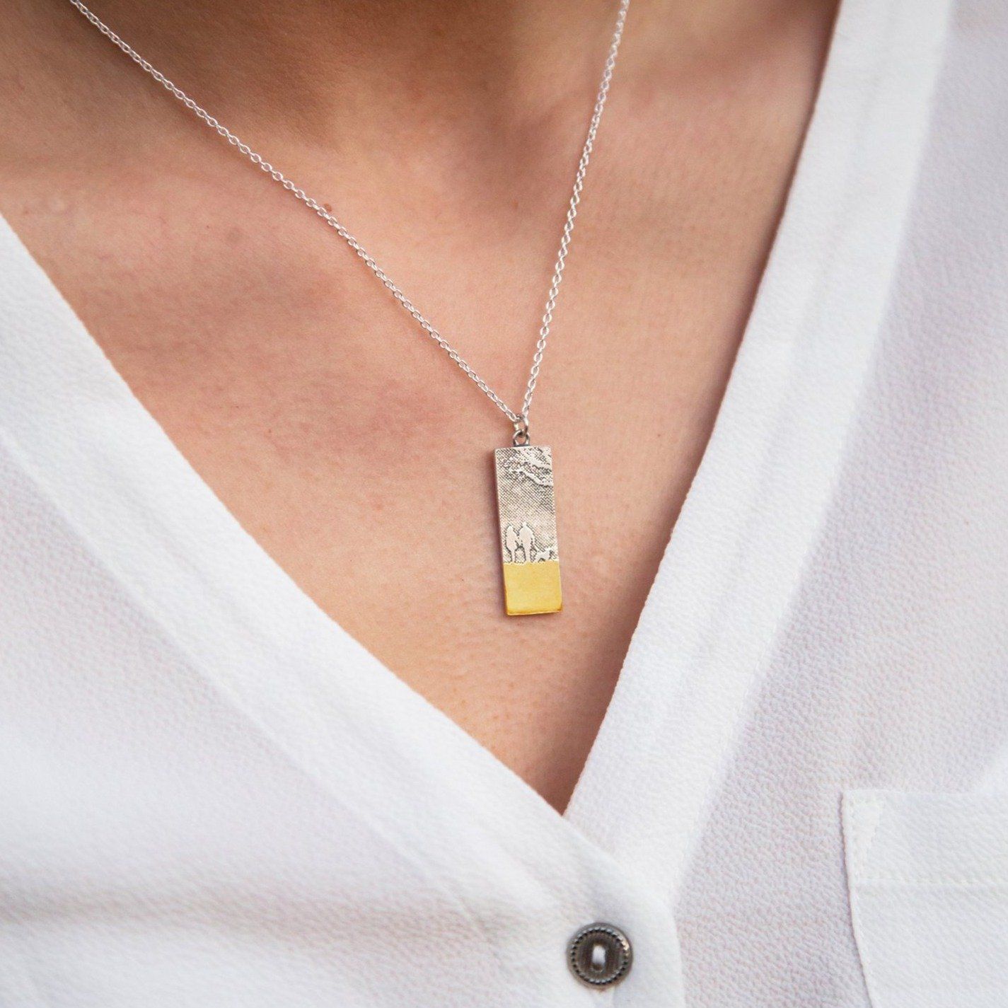 Beach Memory Couple & Dog Necklace Pictured on Model Close up Two