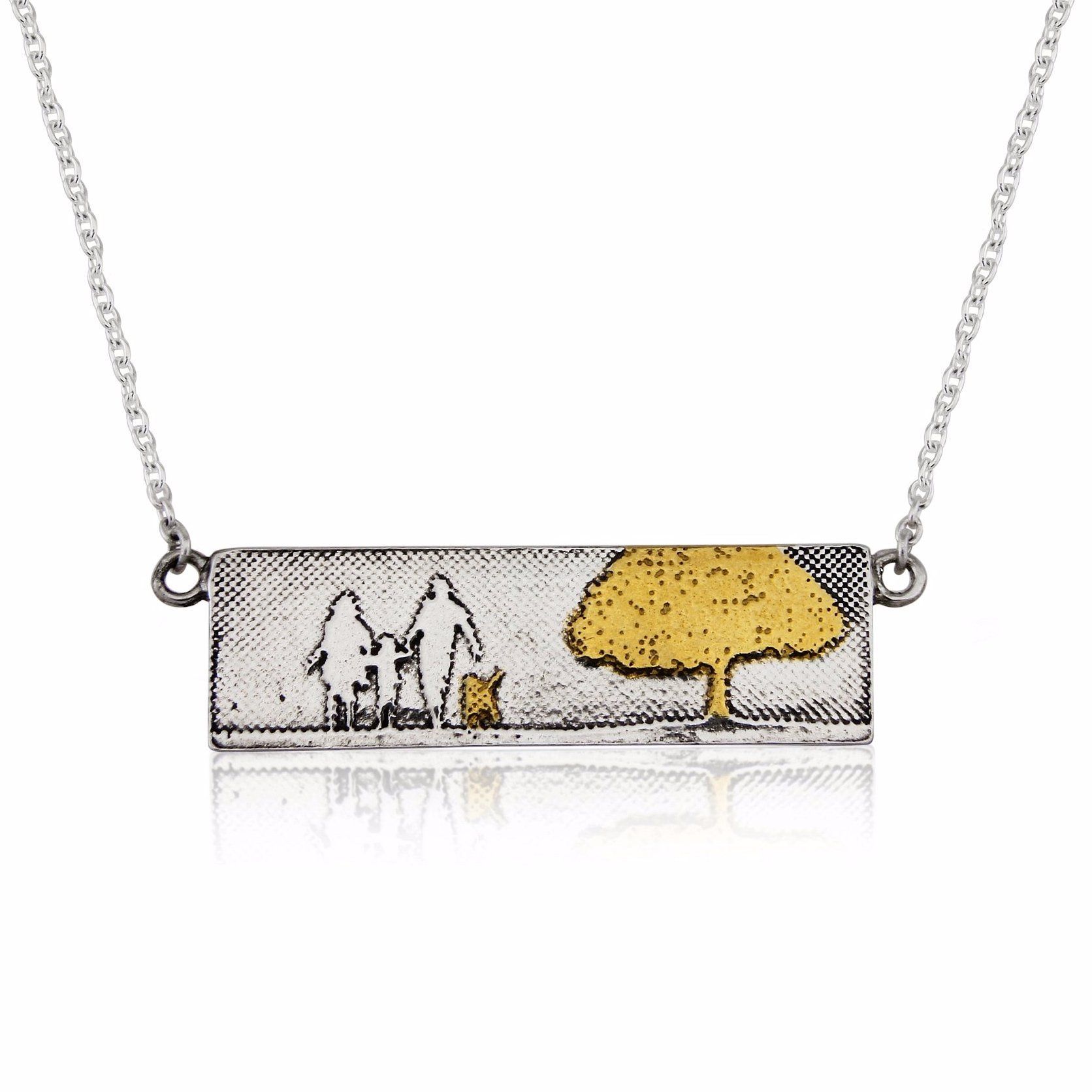 Sterling silver Dog Lovers Family Tree Necklace with 22ct gold vermeil tree and dog, featuring an etched family of three in a rectangular landscape design with oxidised detail.