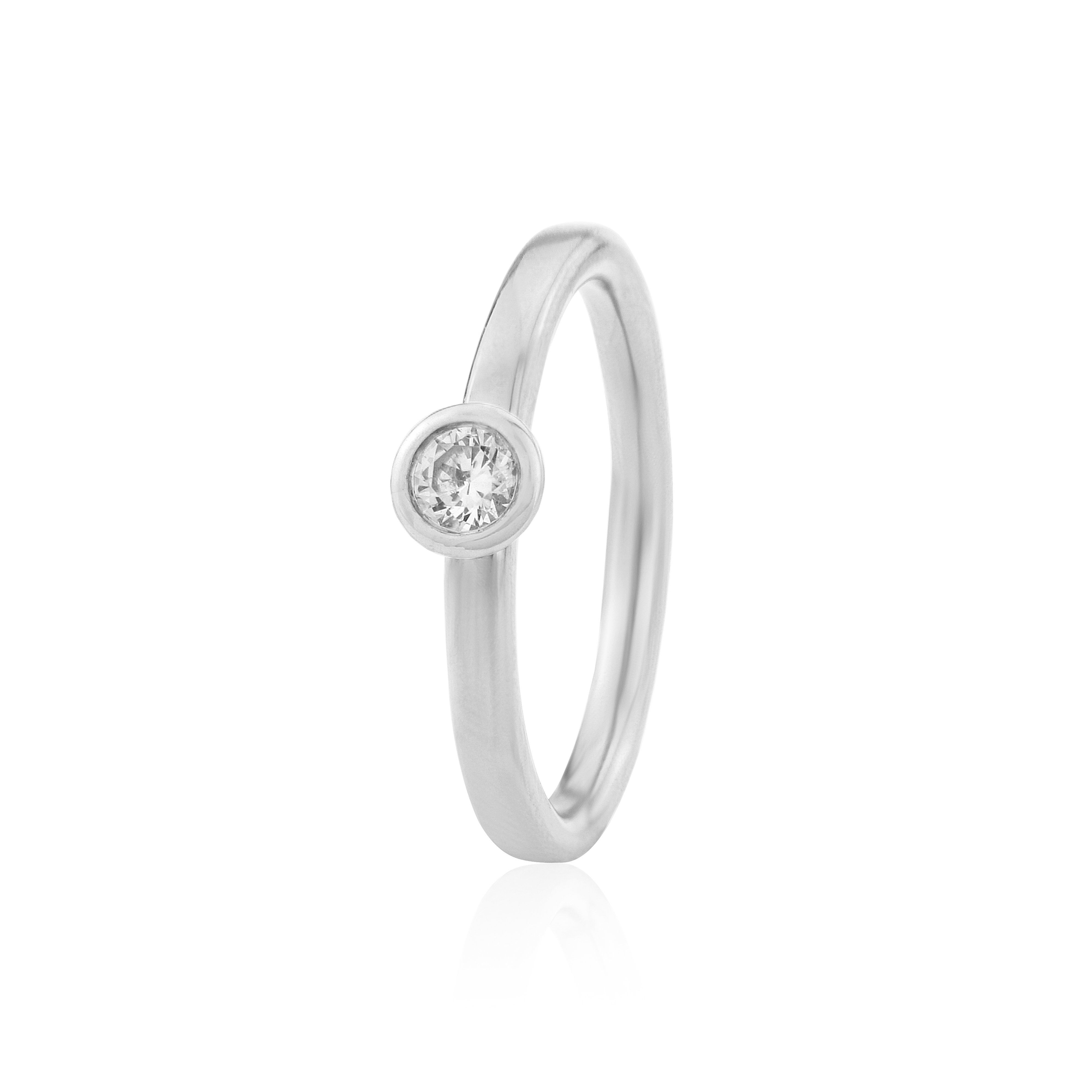 White gold or platinum engagement ring with 0.17ct diamond in rub‑over halo setting