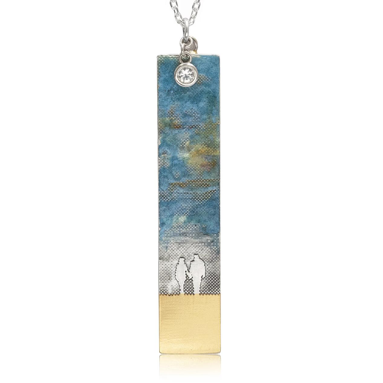 Personalised Memory Necklace with Couple on the Beach showing two figures walking hand in hand beneath a blue enamel sky with gold‑vermeil accents.