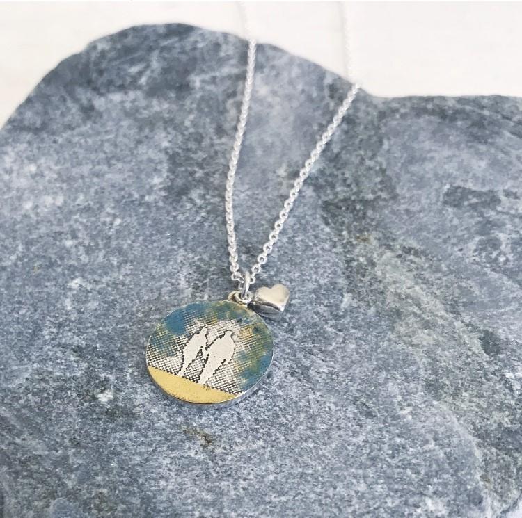 Silver Couple Necklace with Golden Sand, Blue Sky and Heart Charm