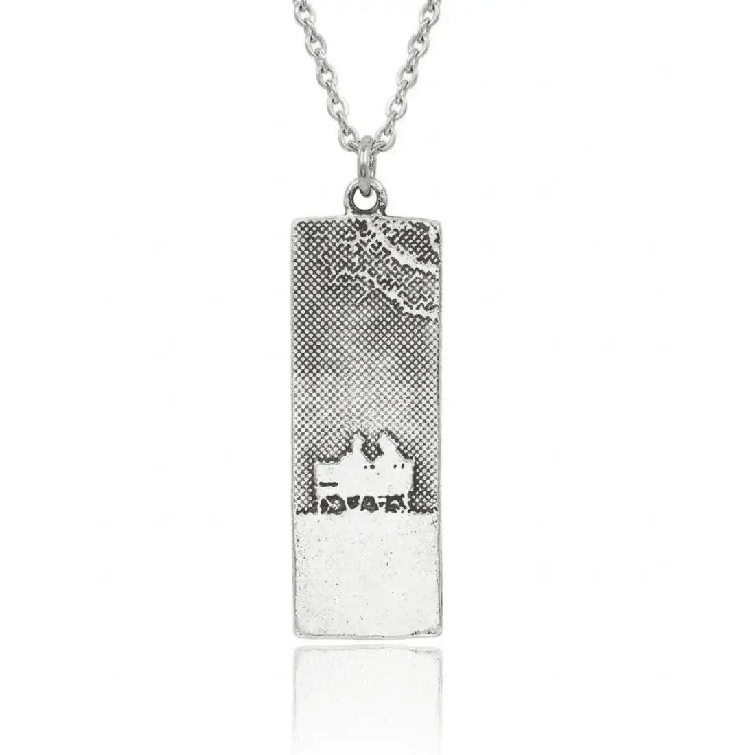 Sterling silver always with you memory necklace displaying an image of two etched figures on a bench.