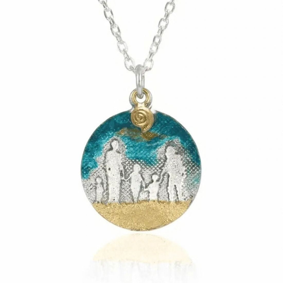 Blue Skies Beach Family Necklace showing etched family silhouettes with blue enamel sky and golden shell charm