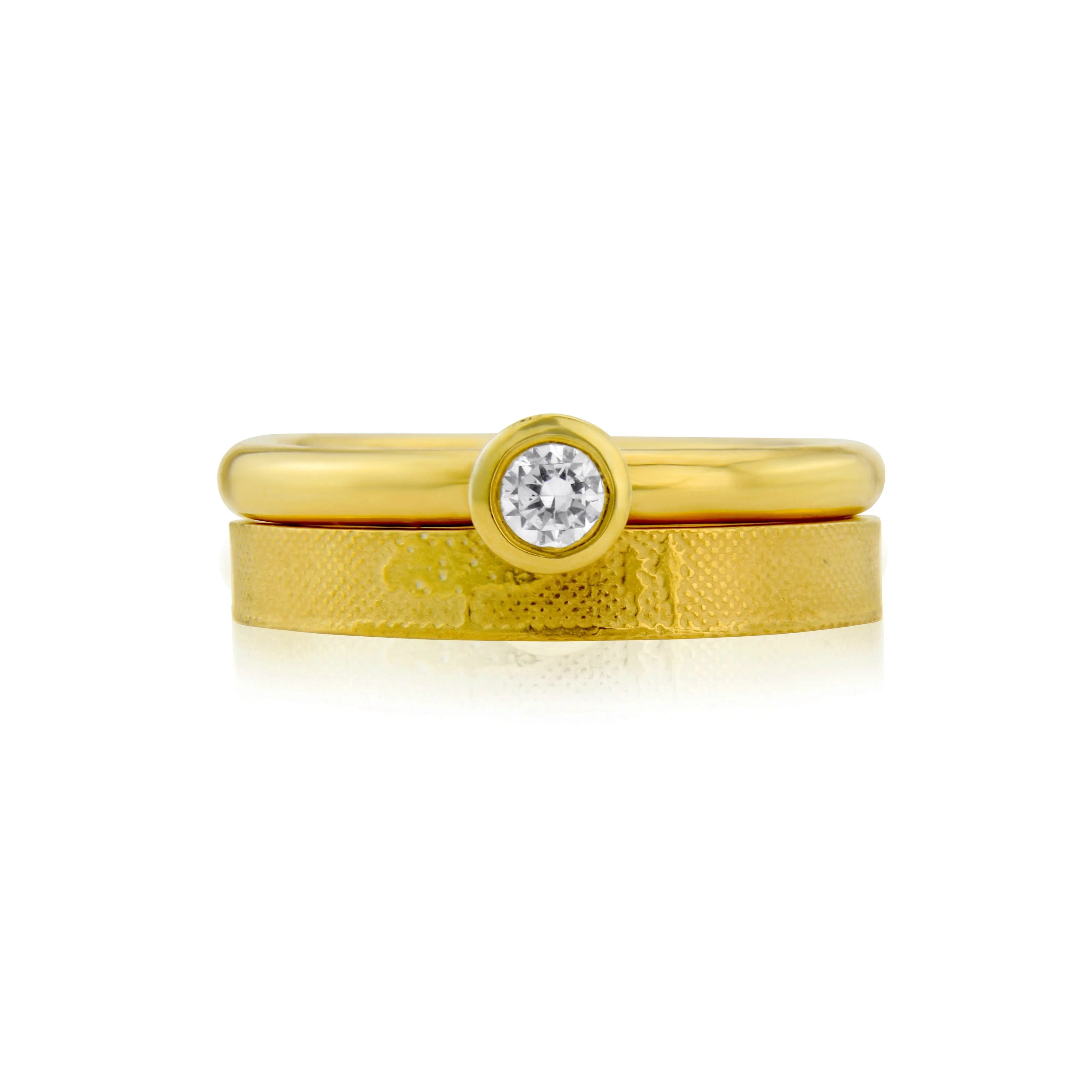 Countryside Couple wedding band paired with contemporary yellow gold engagement ring
