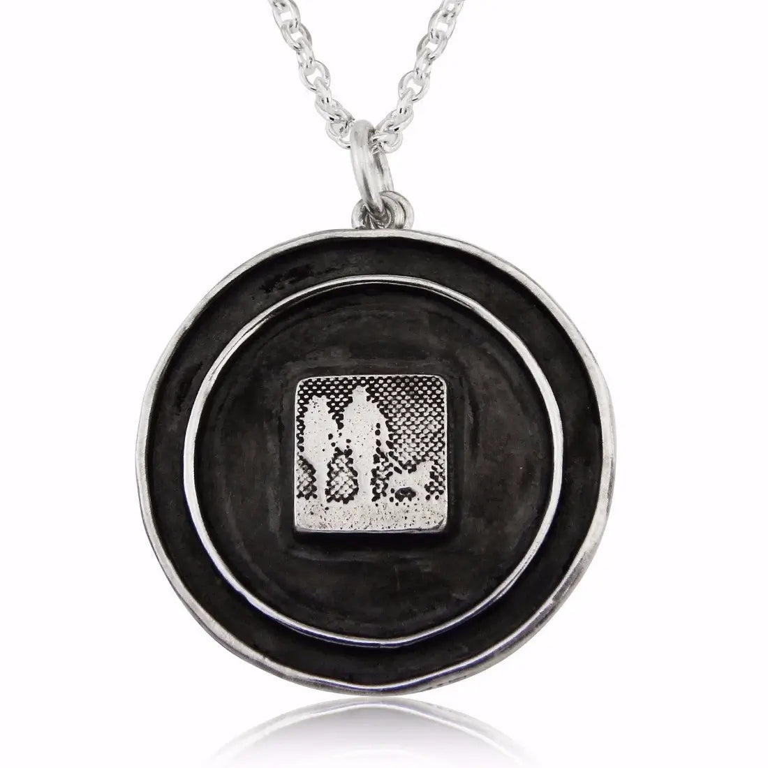 Sterling silver couple and dog locket necklace showing two figures walking with their dog, with a frame designed to hold a hidden photo behind the pendant.