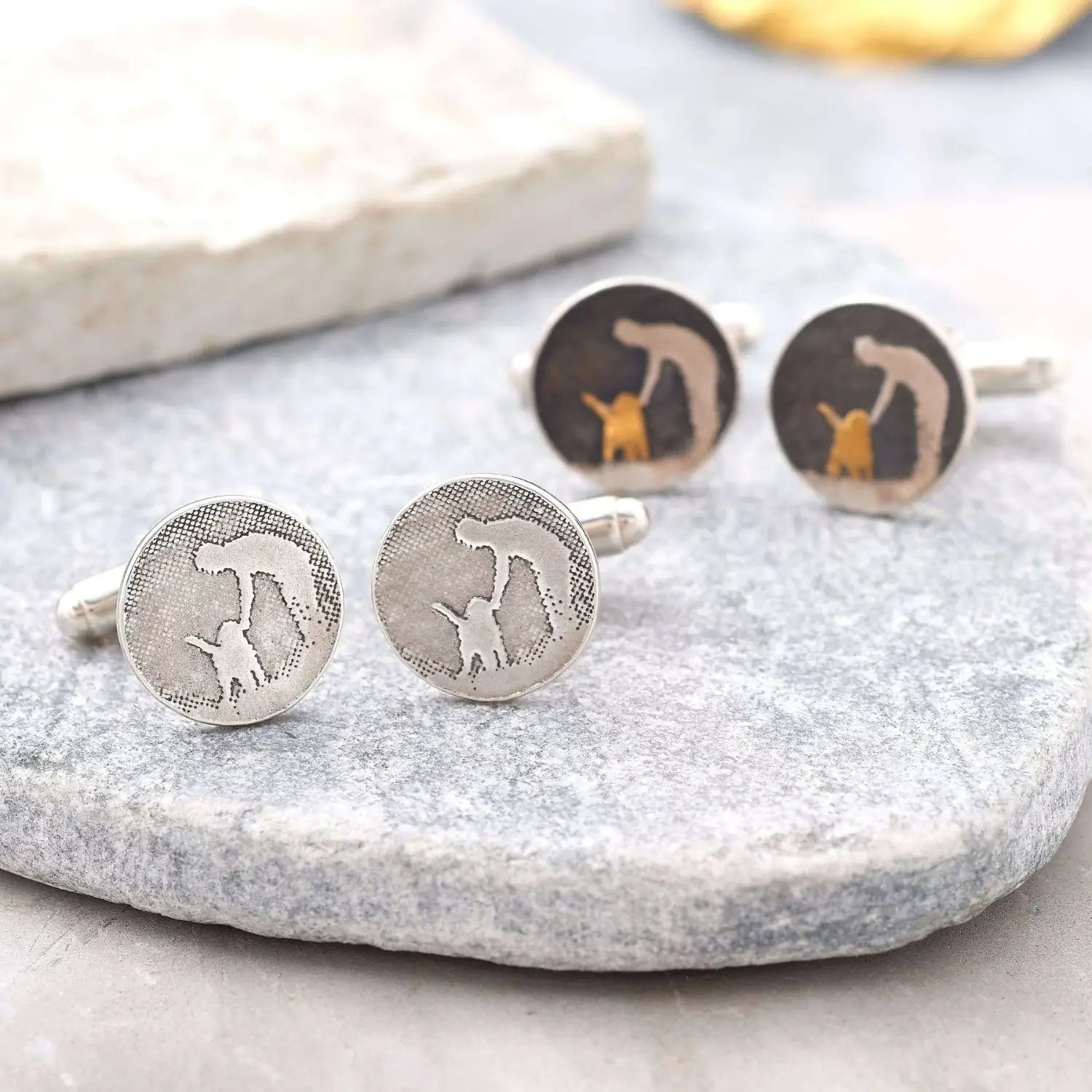 Silver finish and black‑sky finish with golden dog detail on Man’s Best Friend dog‑dad cufflinks.