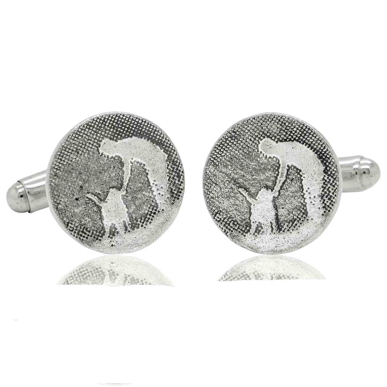 Dog‑dad cufflinks in sterling silver with owner and dog silhouette.