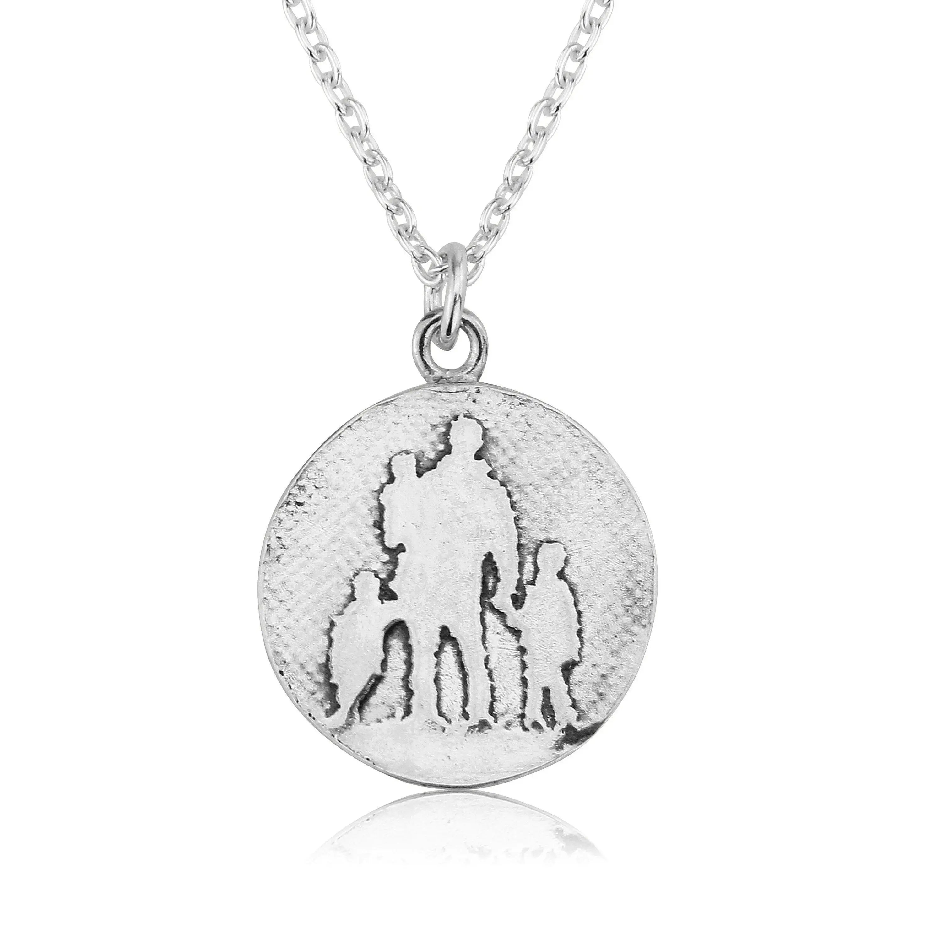 Father of Three Dad Necklace in sterling silver with parent and three‑child silhouette.