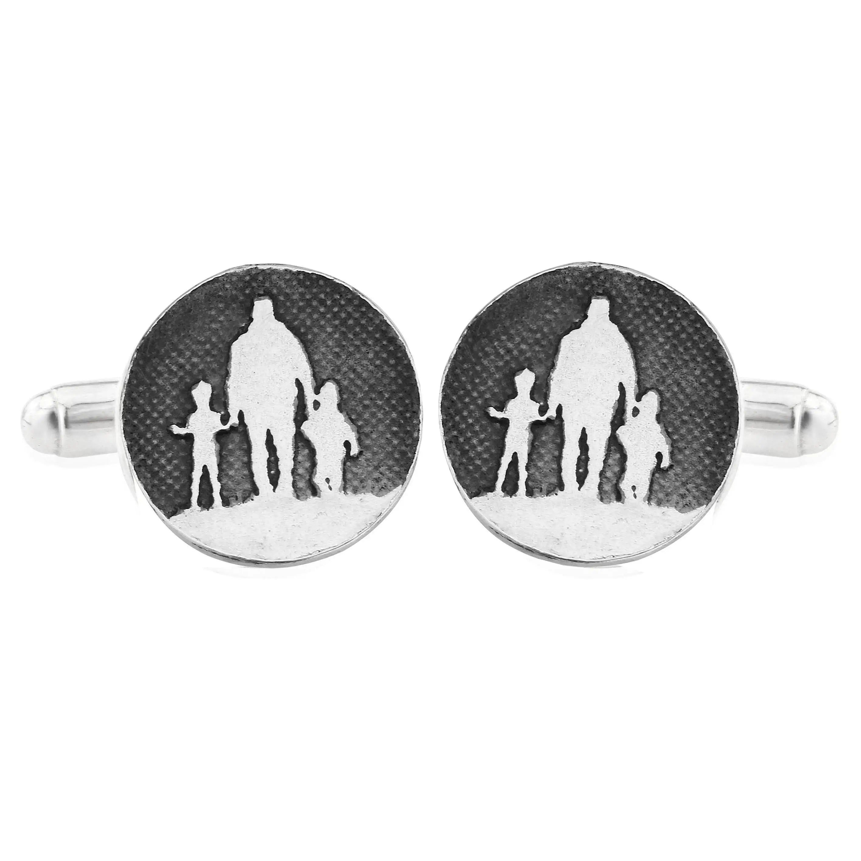 Father of Two Dad Cufflinks in sterling silver with father and two‑child silhouette.