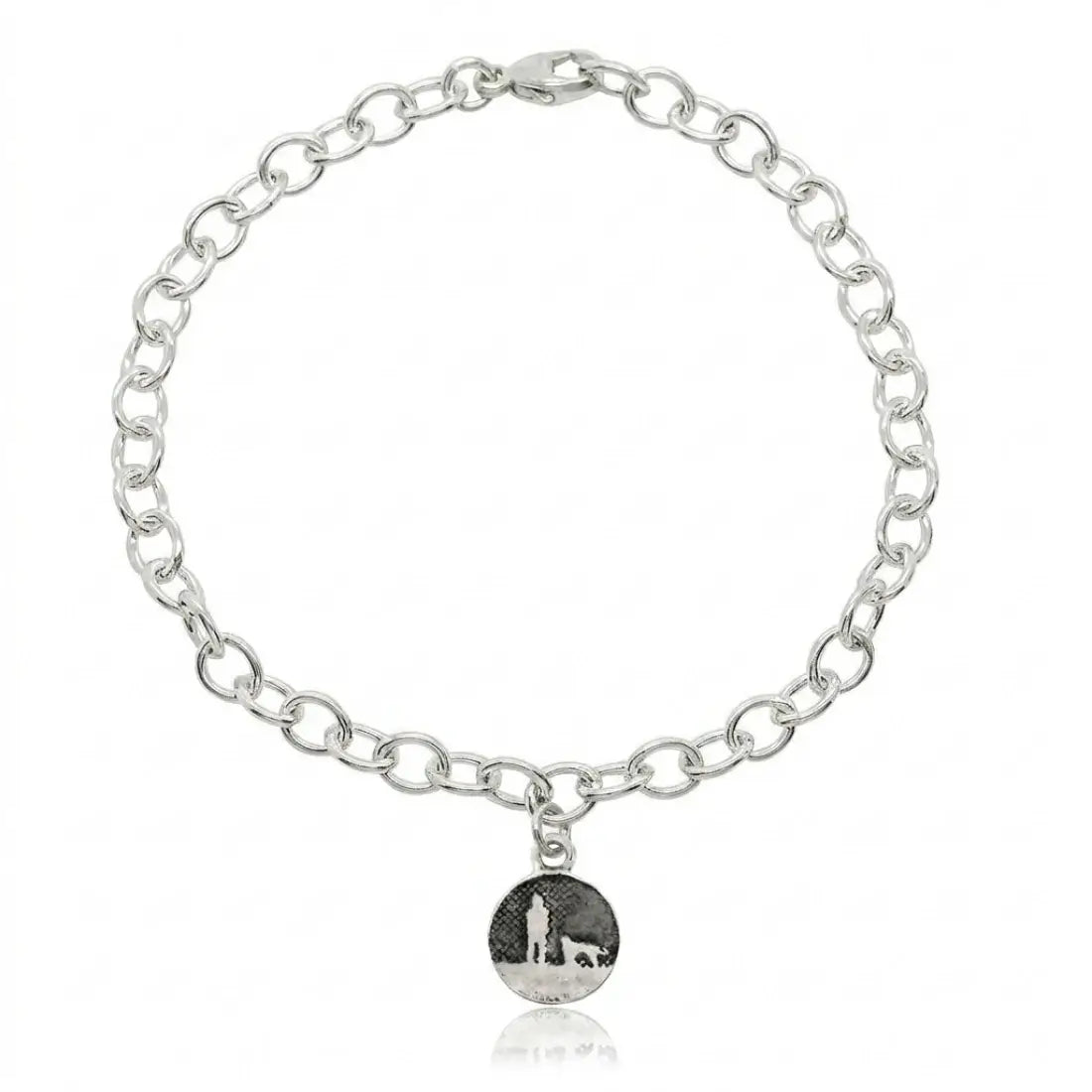 Sterling silver bracelet with a moonlit night sky charm showing an owner walking with their dog in silhouette.