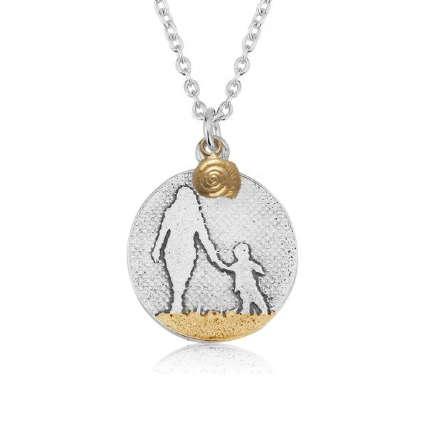 Mother and child beach necklace in sterling silver including golden shell charm.