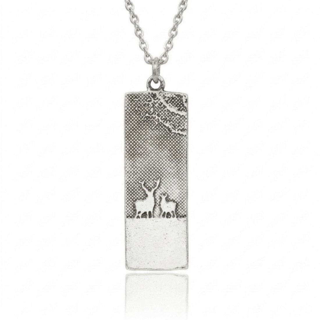'My Dear' Deer Necklace featuring a stag and doe silhouette in a countryside setting.