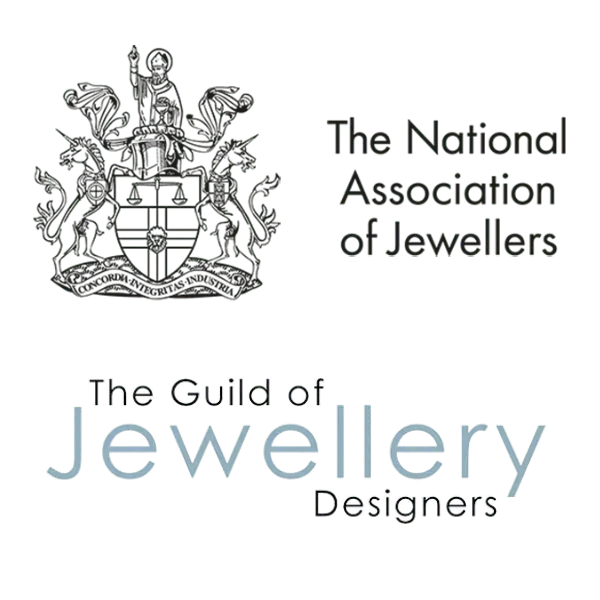 Logos for the National Jewellers Association and the Guild of Jewellery Designers showing Charlotte Lowe is a member.