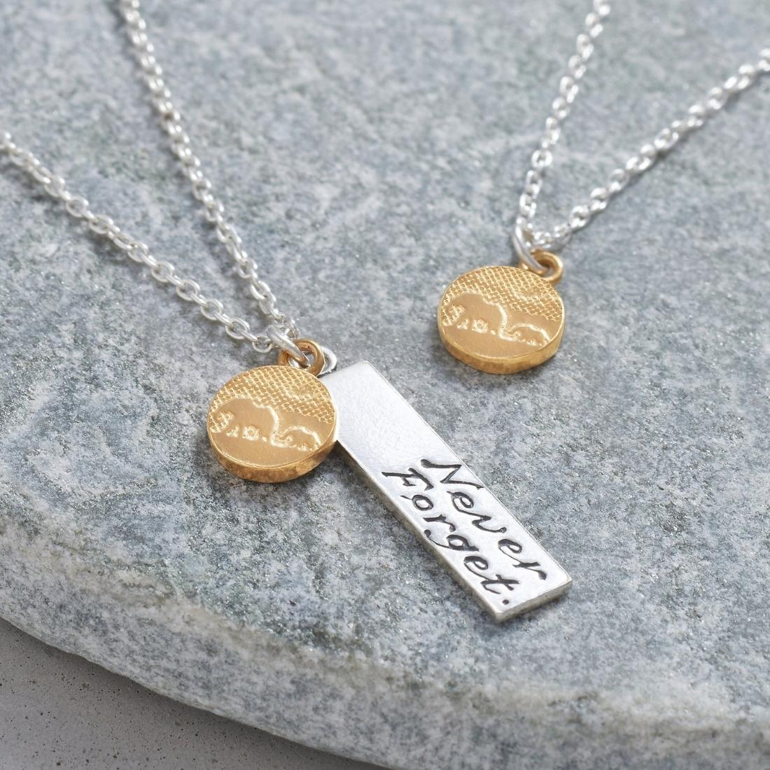 Never forget elephant necklace in sterling silver with mother and baby elephant charm in gold vermeil finish alongside pendant only version
