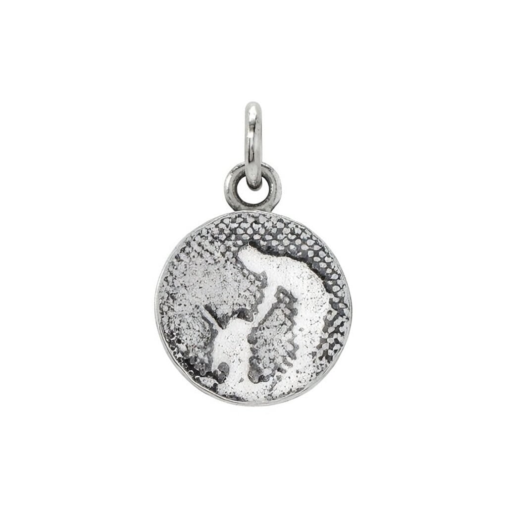 Round Silver Dog Charm showing a small sterling silver round charm etched with an owner and their dog, symbolising treasured moments shared with man’s best friend.