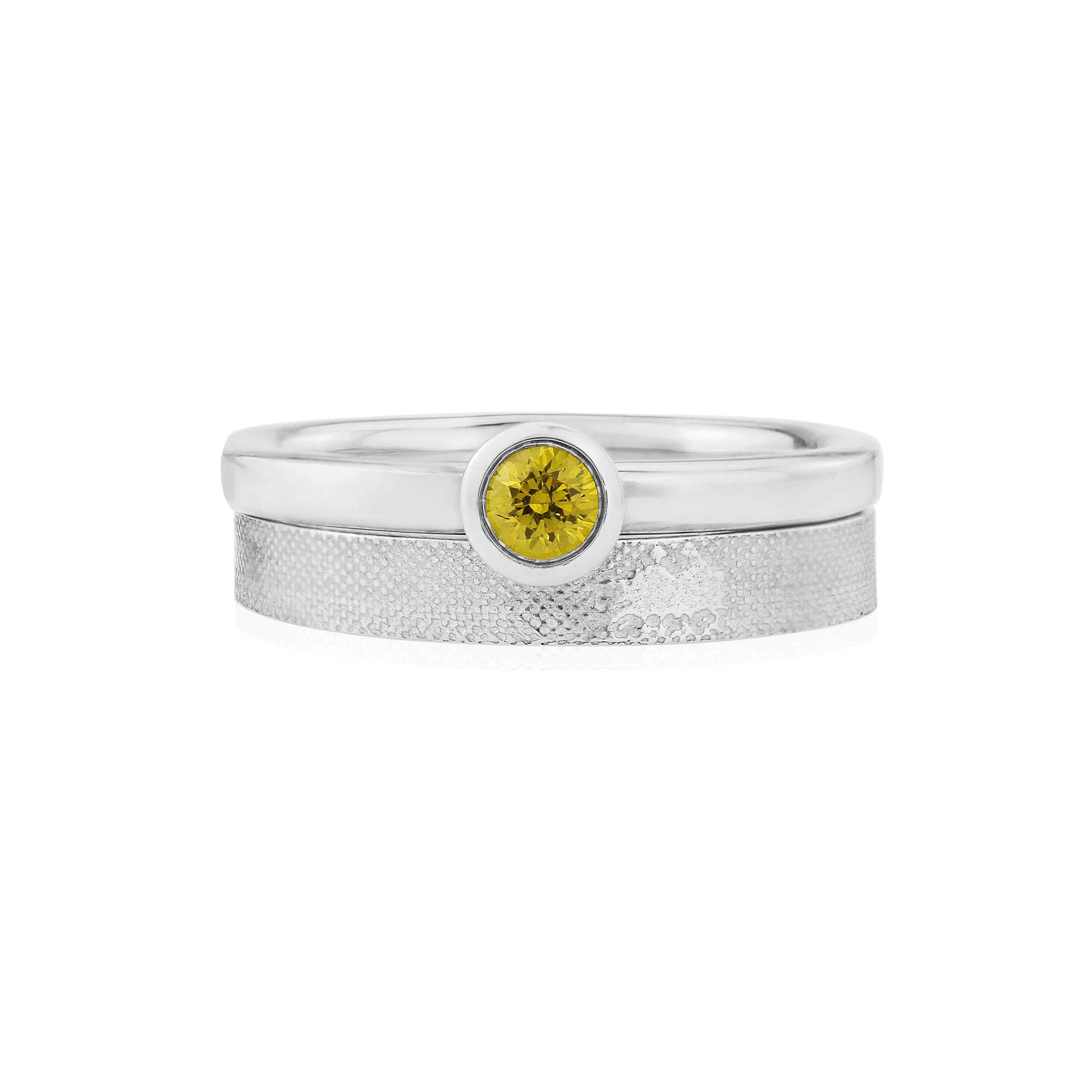 Wedding ring with Side by Side silhouette paired with yellow diamond halo engagement ring