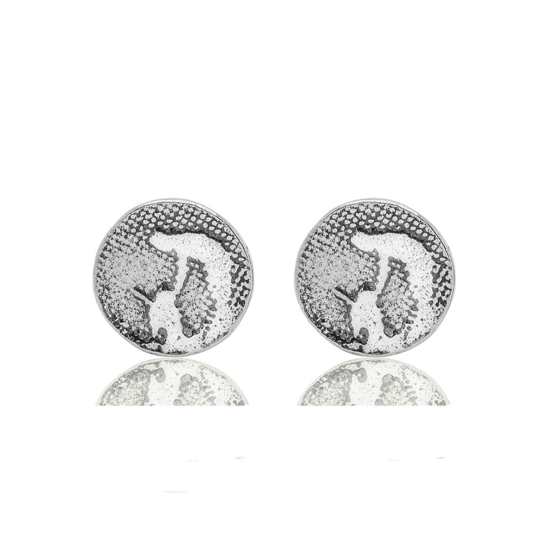 Round sterling silver stud earrings etched with an owner leaning down to gently pet their dog.