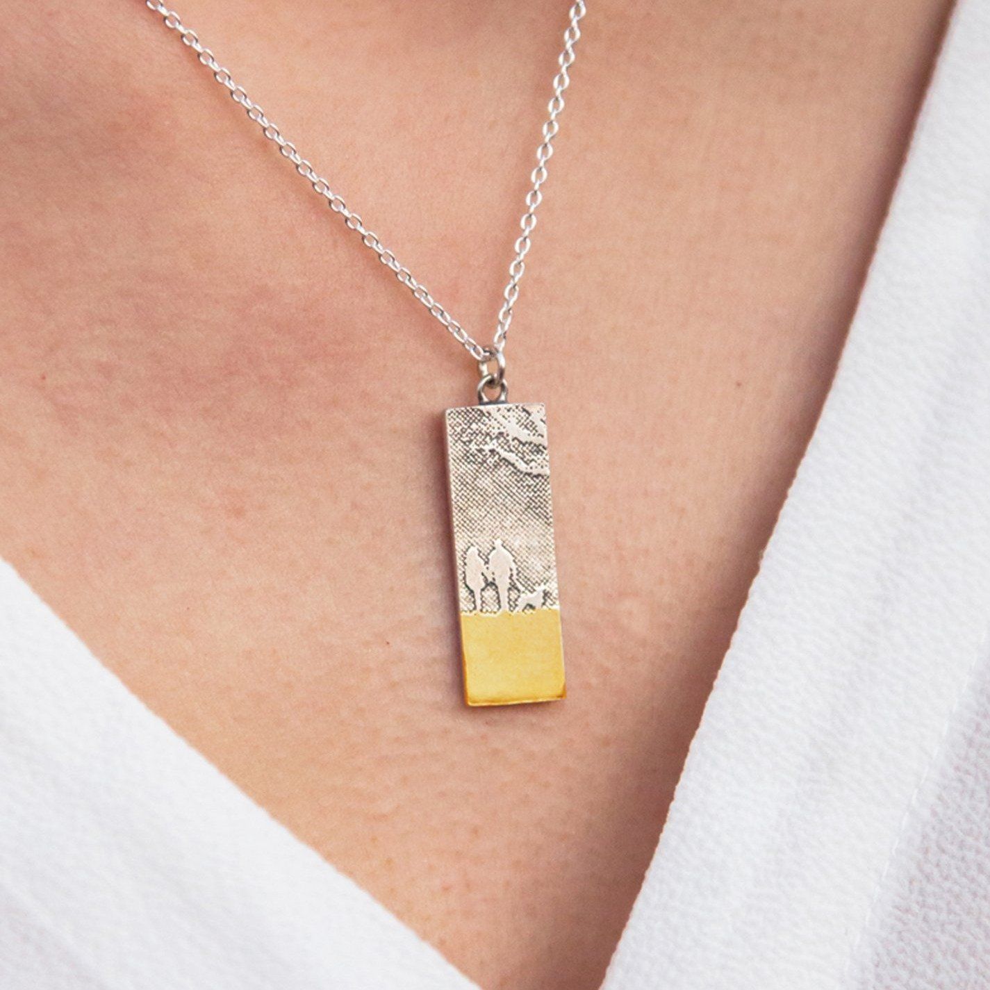 Beach Memory Couple & Dog Necklace Pictured on Model Close up 