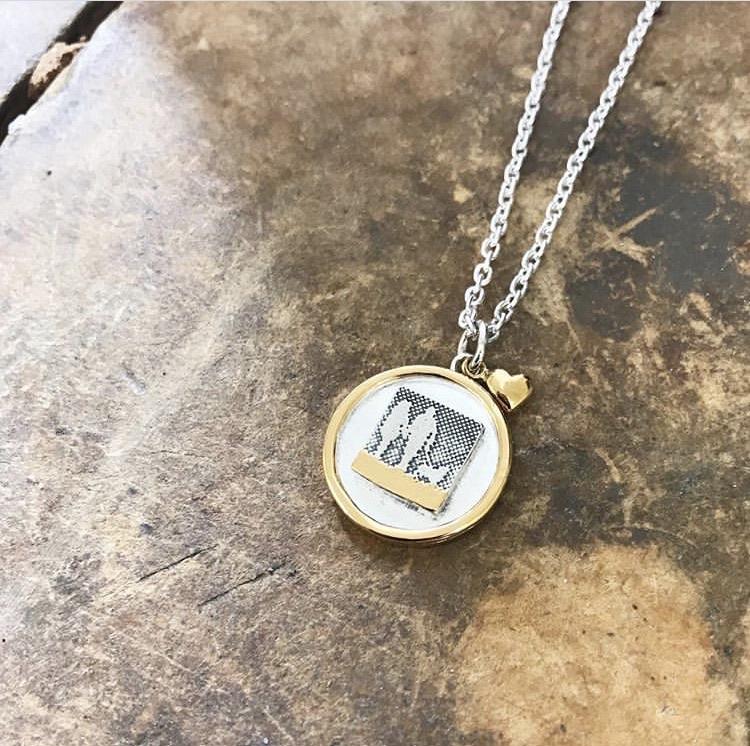 Sterling silver couple and dog photo locket necklace with heart charm, showing two figures walking with their dog and a frame designed to hold a hidden photo behind the pendant.