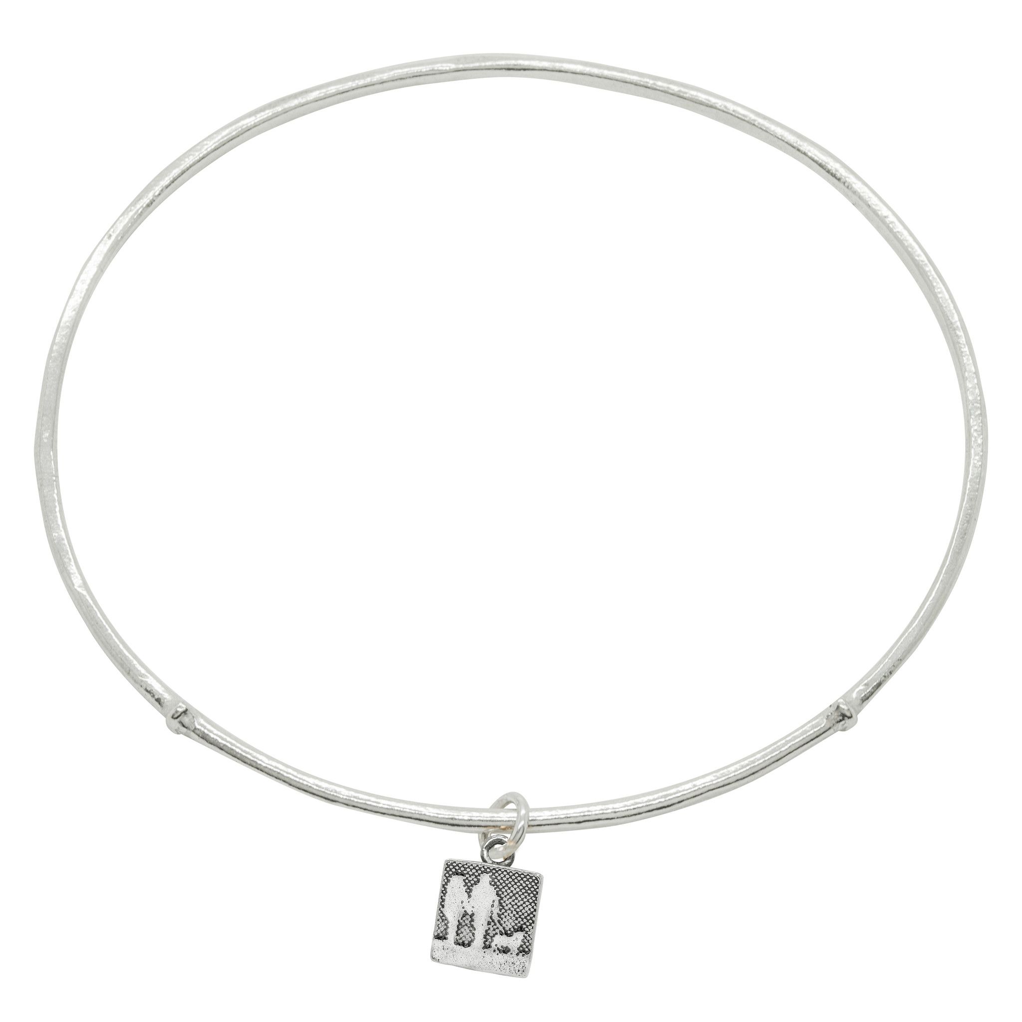 Sterling silver bangle with a freely moving charm etched with a couple walking their dog.