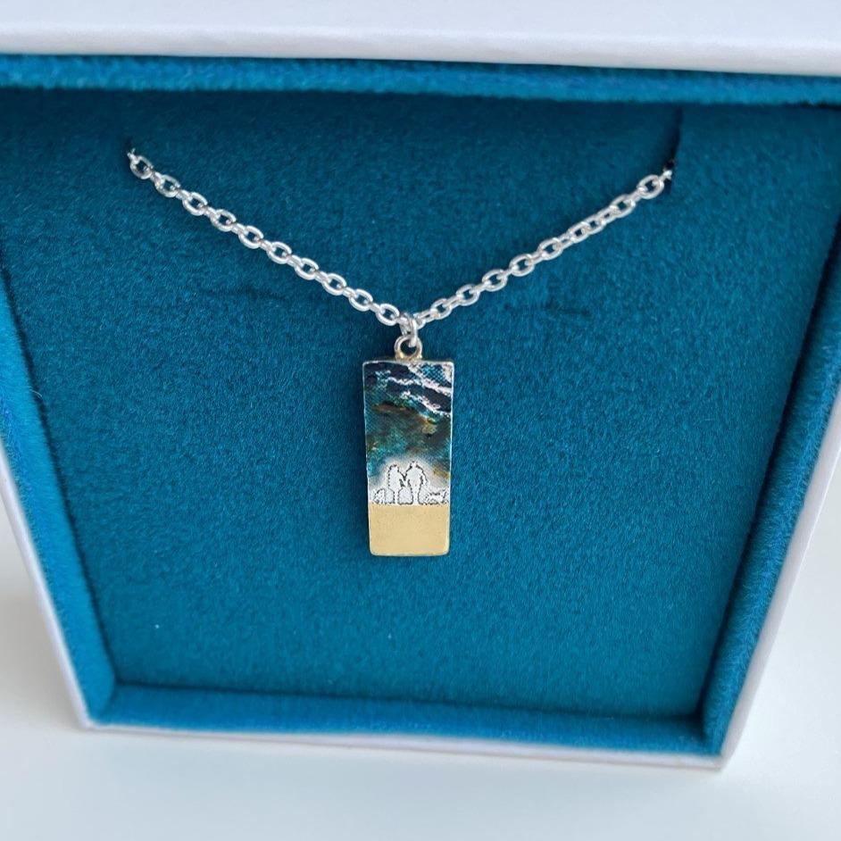 Couple & Two Dogs Beach Memories Necklace with blue sky