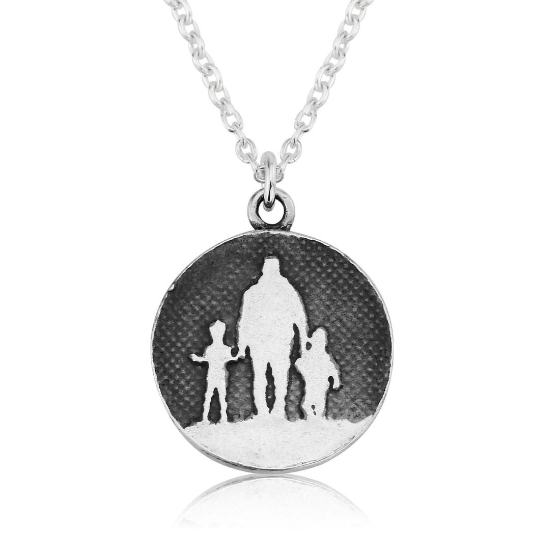 Polished silver and black finish on the Father of Two Dad Necklace.