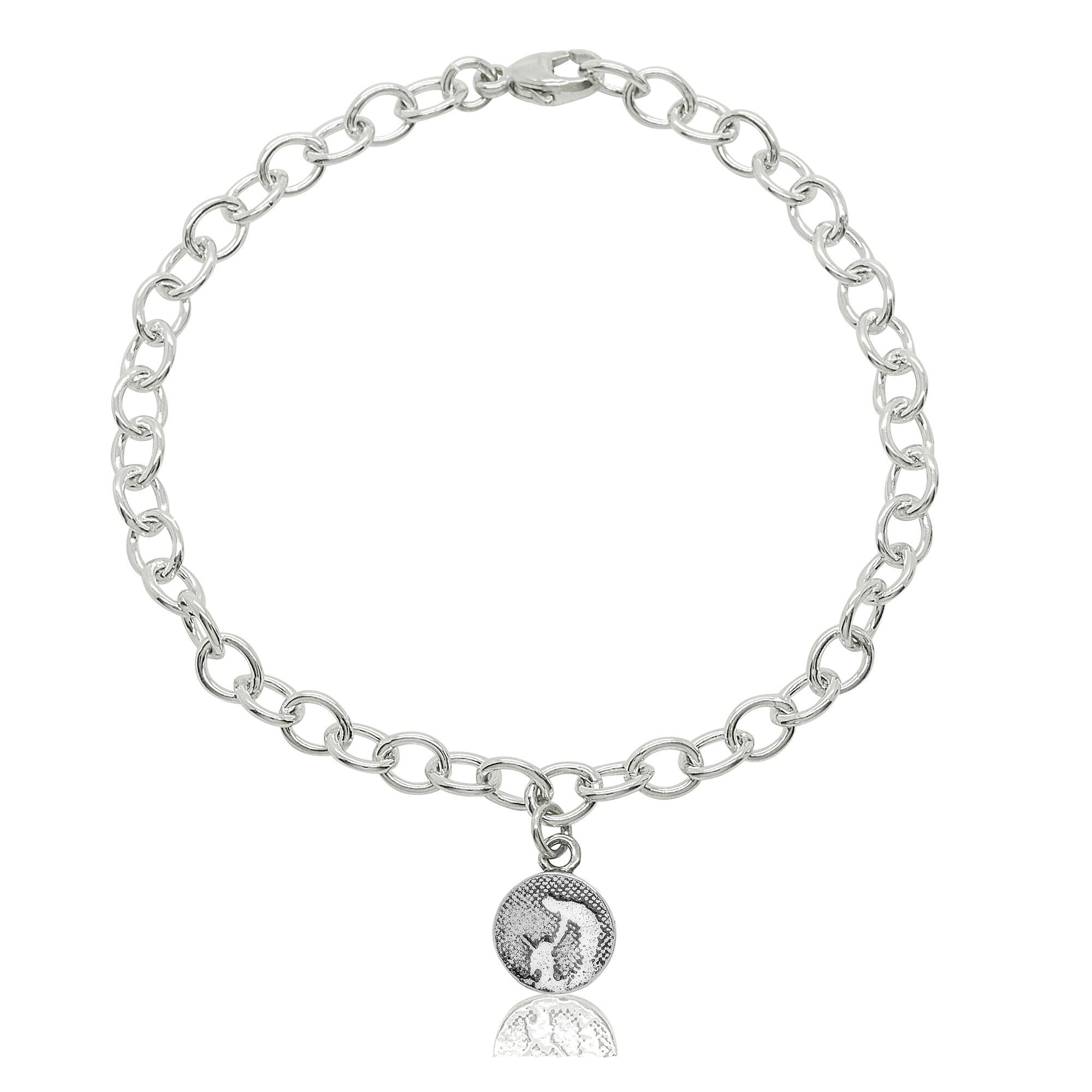 Sterling silver bracelet featuring a circular charm etched with an owner gently petting their dog.