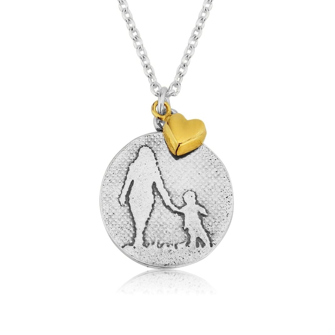 mother and child necklace with golden heart charm in sterling silver