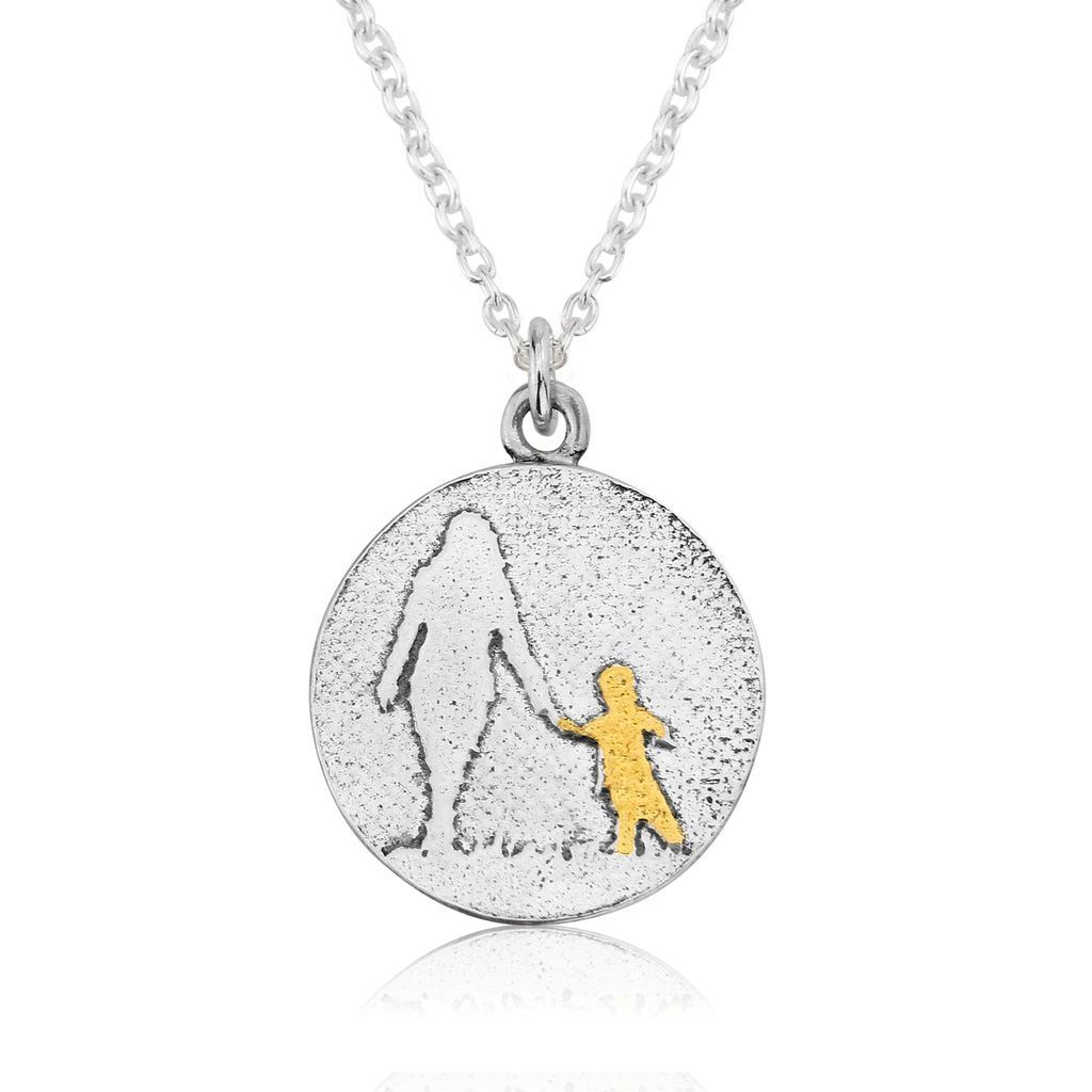 mother and golden child round necklace in sterling silver