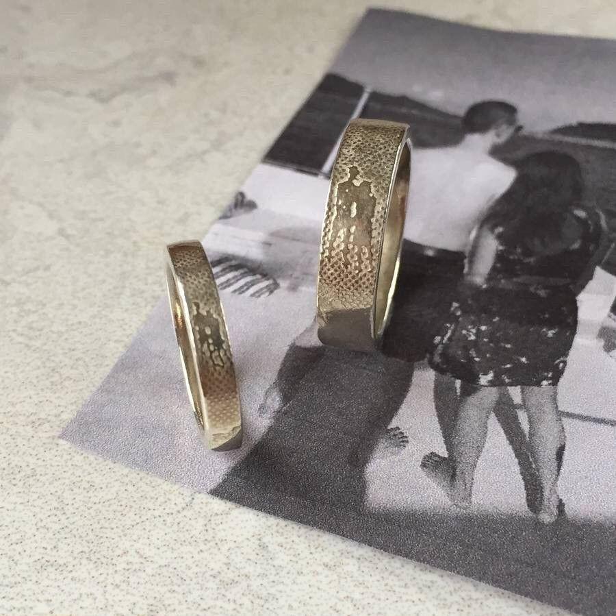 Personalised silhouette wedding ring etched from customer photograph by Charlotte Lowe