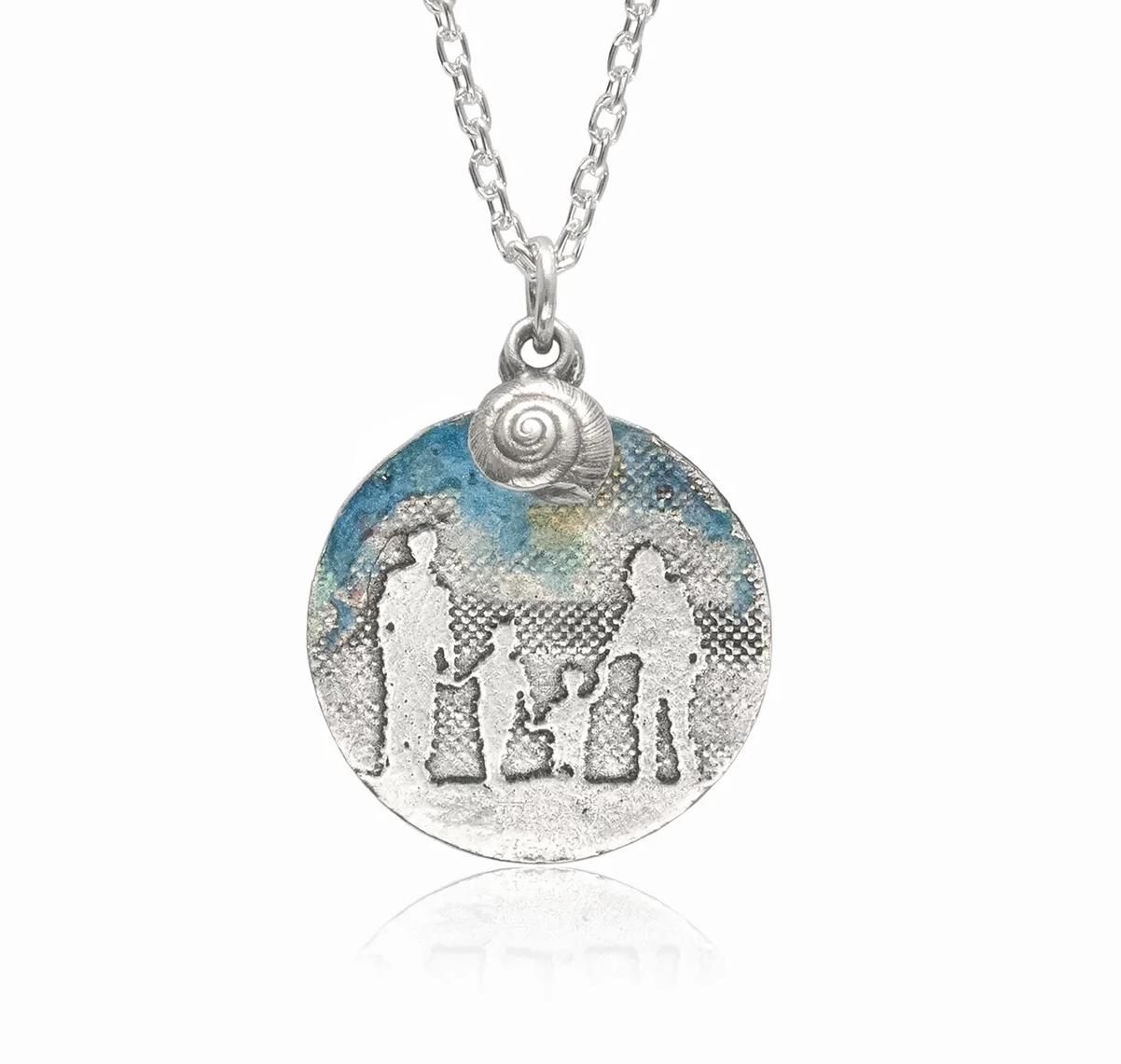 Round Silver Family Necklace with blue sky and tiny sterling silver shell charm