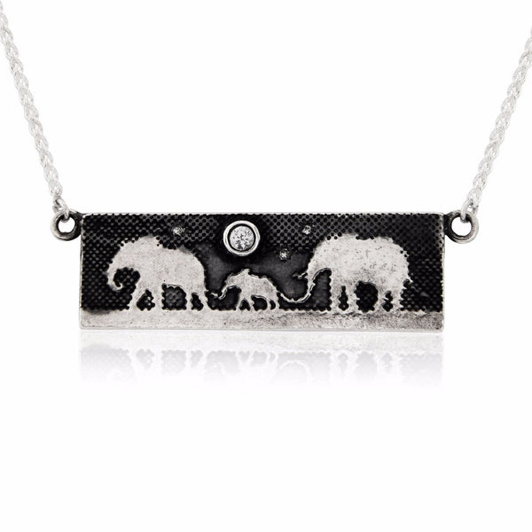 Sapphire Moon Elephant Family Necklace With Diamond Stars