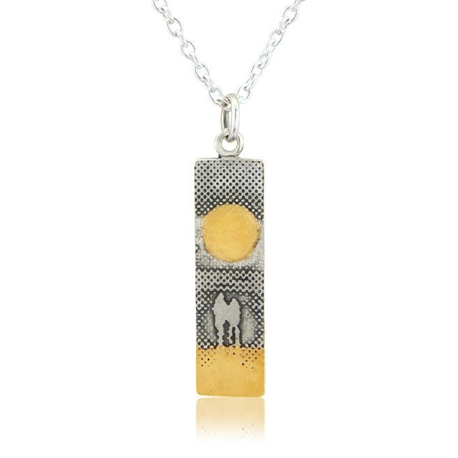 Small Sunset Couple Necklace showing two figures watching the sunset, with gold‑vermeil sun and sand on sterling silver.