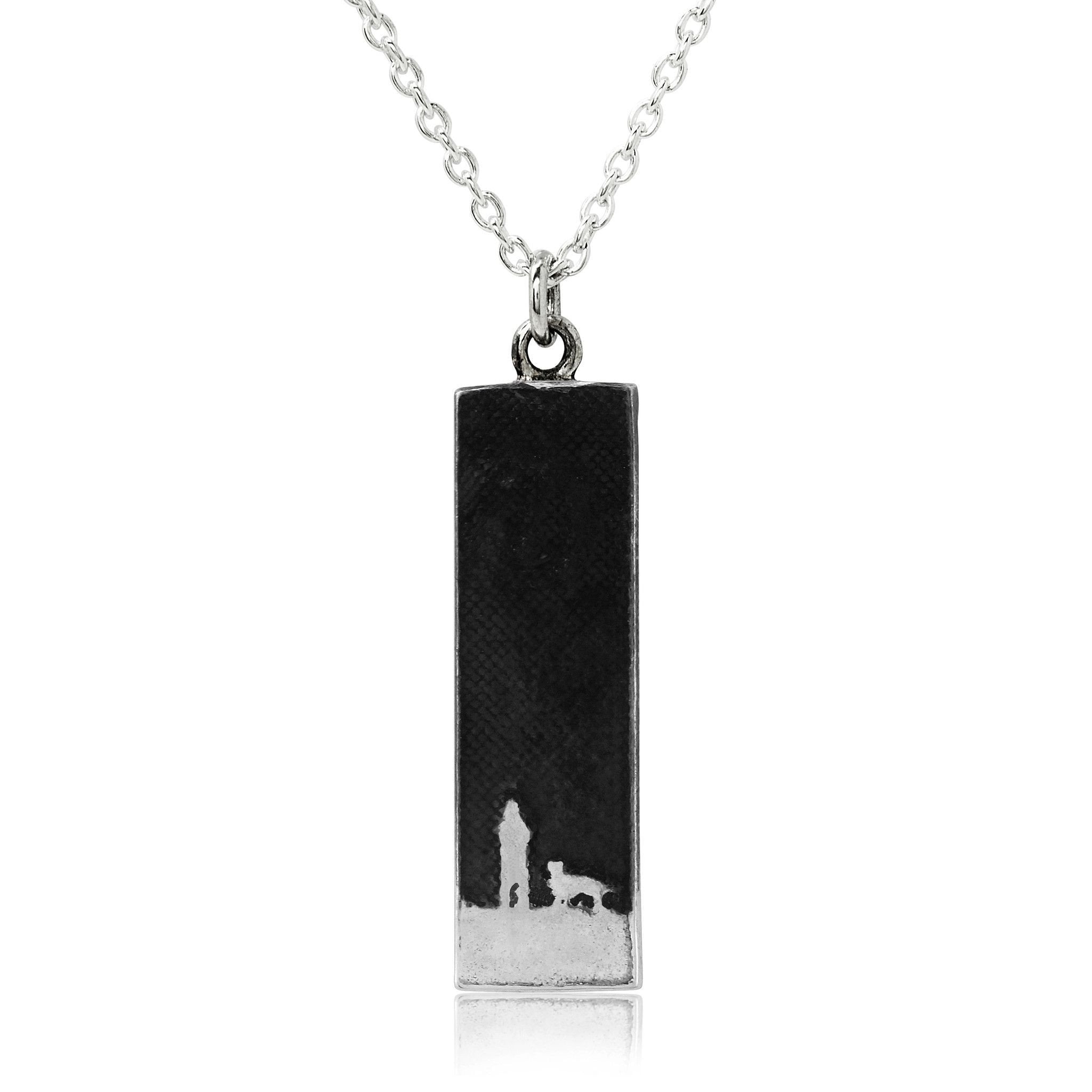 Small sterling silver dog necklace showing an owner walking with their dog under the moonlit sky in silhouette.